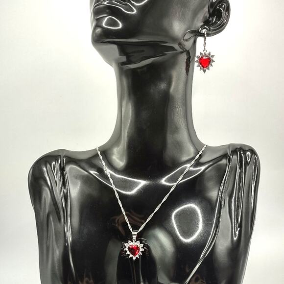 925 Silver Chain Heart Necklace Earring Set w/ Synthetic Ruby Diamonds Pendants - Picture 3 of 8